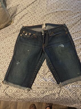 True Religion Dark Blue Distressed Denim Shorts